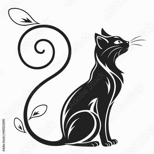 Elegant black cat vector illustration with floral tail design for pet lovers and animal enthusiasts
