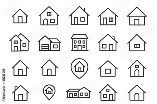 House icon set. Big collection of home and building symbols. Real estate, property and residential icons in thin line design. Simple outline vector architecture pictogram.