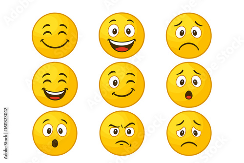 Cartoon emoticons set. Yellow smiley face emoji collection with many emotions. Happy, sad, angry, surprised character icons. Vector graphic illustration for web design.