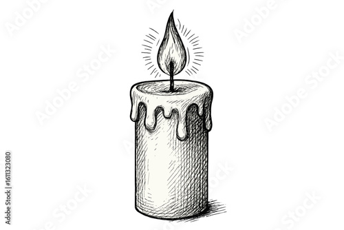 Hand drawn burning candle sketch vector illustration. Engraving style lit candle with fire flame and melting wax. Religious, memorial, spiritual or esoteric concept.