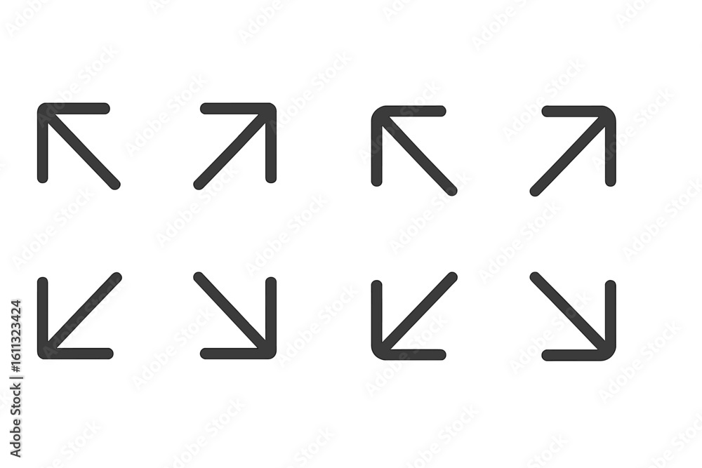 Fototapeta premium Full screen and exit full screen icon set. Maximize and minimize arrows symbol for user interface. Expand, collapse, and resize buttons. Scalability concept vector icon.