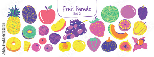 Isolated hand drawn fruit clipart set on a transparent background. Cute minimal colorful doodle Illustration Style, Set 2.