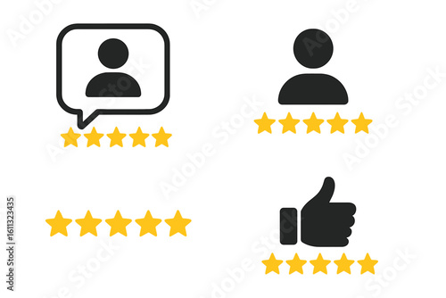 Five stars customer review icons set. Rating signs and user reviews symbol. Thumbs up for good client satisfaction. Best user experience and positive feedback concept.