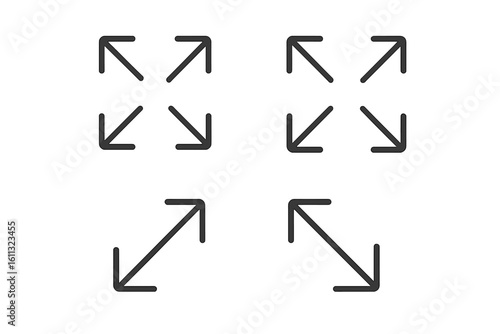 Full screen and exit full screen icon set. Maximize, minimize, and resize line arrow signs for user interface design. Scalability and expand symbols. Vector UI elements.