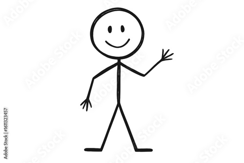 Hand drawn stick man vector illustration. Simple doodle character waving hello. Friendly smiling stick figure sketch. Cute person icon for kids. Isolated design element.