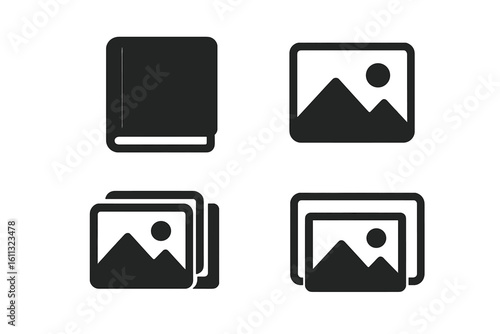 Gallery icon set for web and mobile apps. Photo album and picture symbols. Simple flat vector pictogram collection for UI design. Digital image, media portfolio sign.