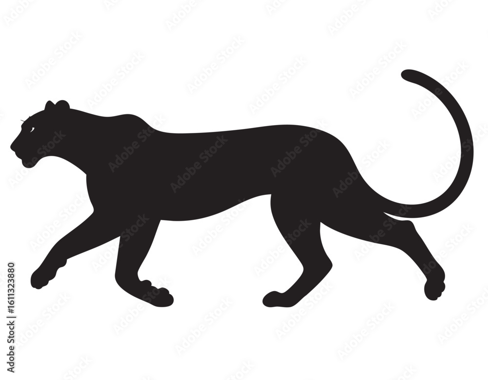 Fototapeta premium Black feline animal silhouettes: cat, panther, puma, and running leopard vector illustration