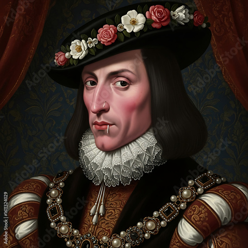 Regal portrait of a man in Renaissance-era attire, adorned with a floral hat and pearl necklace, featuring a subtle vampiric detail.