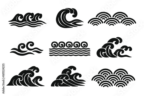 Japanese wave vector icon set. Traditional oriental ocean and sea water symbol illustration. Chinese art graphic element collection. Black silhouette isolated on white background.