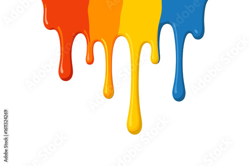 Colorful paint dripping liquid flows vector illustration. Abstract ink drop splash background. Creative design element with molten color streaks for vibrant art graphic.
