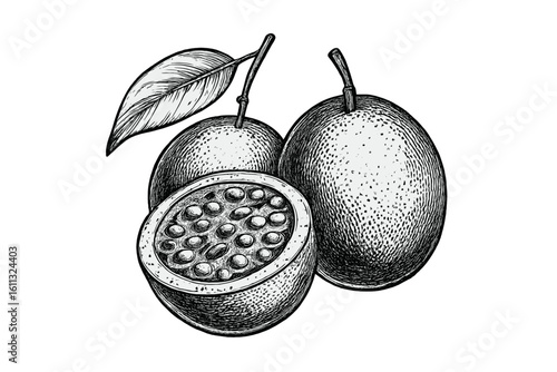 Hand drawn passion fruit vector illustration. Engraving style exotic tropical fruit. Whole passionfruit and a half with seeds. Maracuya sketch for food design. Vintage.