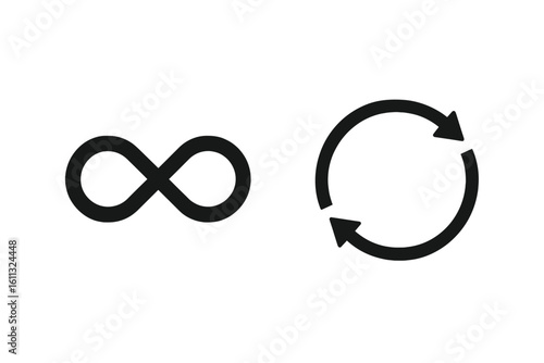 Infinity sign and circular arrow icon set. Concept for circular economy, endless loop, recycling process, continuous cycle, sustainability and everlasting motion vector.