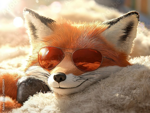 Relaxed fox with sunglasses lounging in a sunny, cozy setting