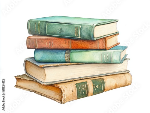 Vintage Stack of Colorful Old Books on White Background