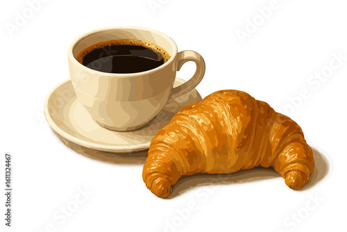Realistic coffee and croissant vector illustration. Fresh morning breakfast food and drink concept. Bakery pastry with hot espresso cup isolated on transparent background.