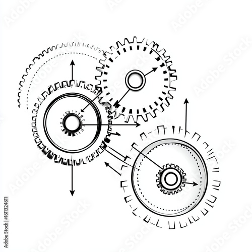 Interlocking Gears with Arrows Representing Mechanical Engineering Concepts