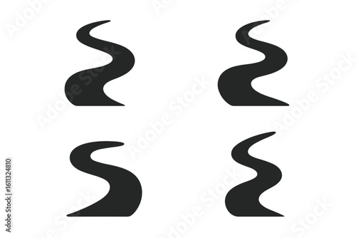 Set of four river or winding road icons. Vector illustration of curved pathways and stream bends. Abstract silhouette shapes for concepts of journey, flow, and direction.