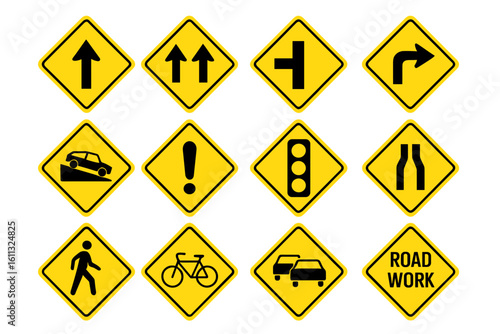 Road traffic yellow warning signs vector set. Safety street symbols collection with pedestrian crossing, bicycle, road work. Signage icons on transparent background.
