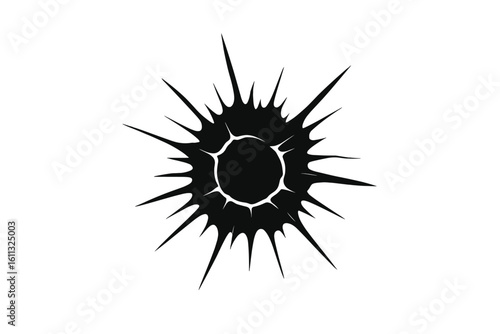 Shot mark from a gun, creating damage and cracks on the surface. Hit effect icon. Concept of violence, crime or war. Black radial shatter explosion symbol.