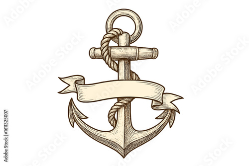 Ship anchor with rope and ribbon banner. Vintage nautical emblem in engraving style. Retro marine tattoo sketch vector illustration. Sea, ocean, sail, navy symbol isolated.