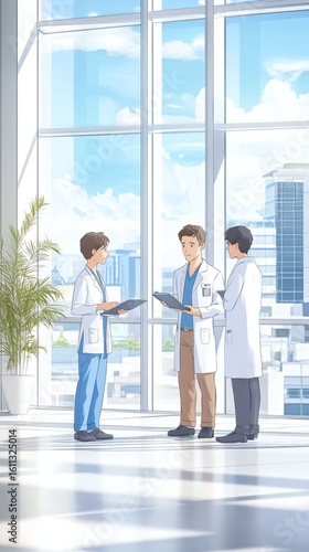 Young doctors discussing medical report in a modern hospital setting