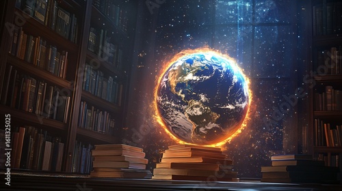 Enchanted Library with Floating Earth Surrounded by Cosmic Wonders