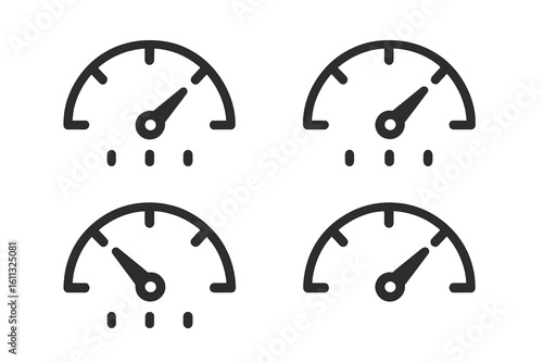 Speedometer icon set. Tachometer gauge. Performance indicator. Concept of speed, power, risk, rating. Progress bar. Dashboard meter symbol. Vector illustration.