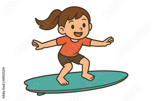 Cute happy girl kid surfing on a surfboard. Summer water sport and activity. Female child character enjoying vacation on the ocean waves. Cartoon vector illustration.