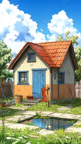 Charming cottage with colorful exterior and peaceful garden setting
