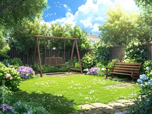 Serene Garden Oasis with Swing and Flowering Plants in Daylight