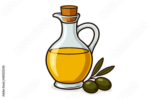 Olive oil in glass decanter with fresh green olives branch. Healthy food for Mediterranean diet. Natural cooking ingredient. Vector illustration isolated on transparent background.