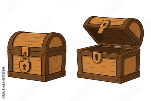 Vector set of open and closed wooden treasure chests. Locked pirate box and empty container for discovery or reward. Ancient antique cartoon illustration for game asset or icon.