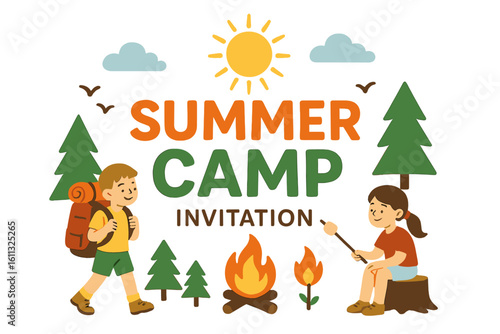Summer camp invitation vector banner. Cute kids camping in nature. Boy hiking with backpack, girl roasting marshmallow by bonfire. Children's holiday outdoor adventure.