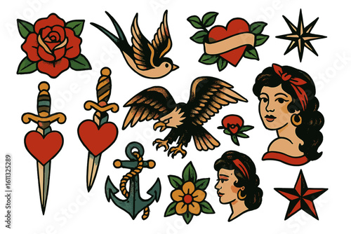 Old school tattoo flash set. Traditional American tattoo vector collection with rose, eagle, heart, anchor, and swallow. Vintage sailor tattoo icons for stickers.