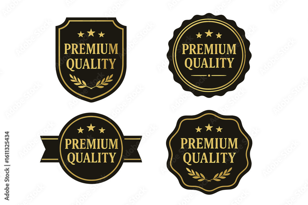 Obraz premium Premium quality golden badges vector set. Luxury gold and black labels, emblems and stickers. Elegant retro seal collection with stars. Best choice guarantee symbol.