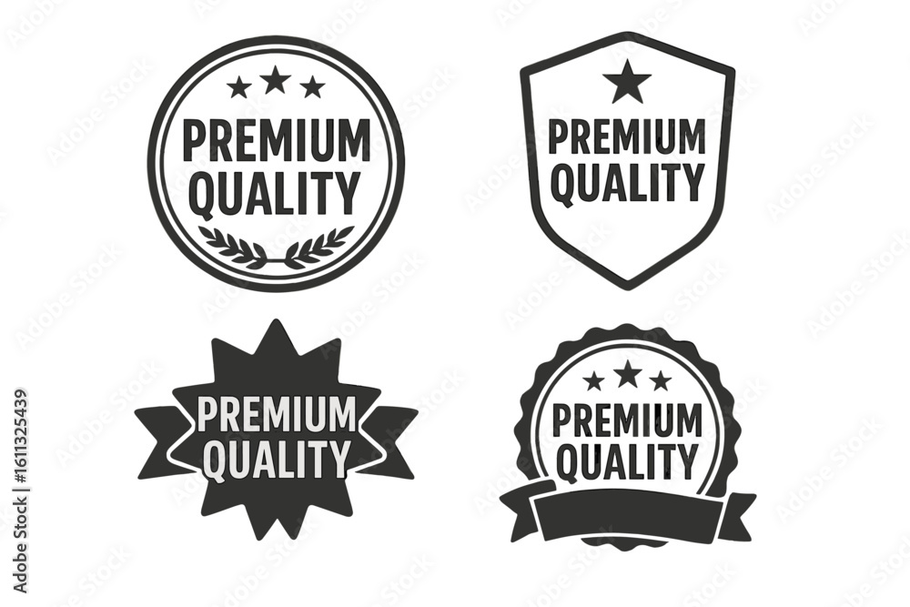 Fototapeta premium Premium quality labels vector illustration set. Guarantee stamp and seal collection for best choice products. Certified badge icon with star and ribbon. Approved emblem.