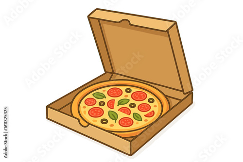 Pizza in open cardboard box vector illustration. Fast food delivery concept. Italian meal with pepperoni, cheese, olives. Cartoon icon for pizzeria menu or take away.