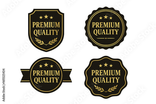 Premium quality golden badges vector set. Luxury gold and black labels, emblems and stickers. Elegant retro seal collection with stars. Best choice guarantee symbol.