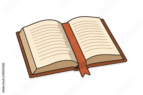 Open book with bookmark vector illustration. Symbol of knowledge, education, and learning. Library, literature, and study concept. Hardcover textbook isolated on transparent background.