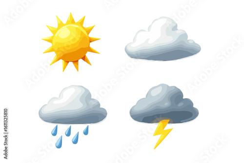 Weather icons set in realistic 3D style. Sun, cloud, rain, storm with lightning. Meteorology forecast symbols for web and app. Vector illustration on transparent background.