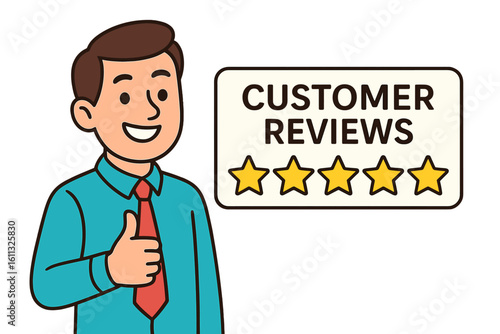Cartoon man giving five star rating. Customer review with positive feedback. Thumbs up for client satisfaction. Excellent service & user testimonial concept vector.