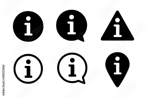 Information icon set. Black flat design info symbols for web and mobile apps. Includes help desk, FAQ, support, and details buttons. Vector graphic elements isolated.