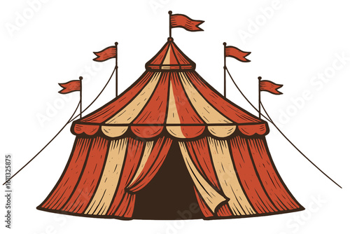 Circus tent big top in retro style. Vector graphic with red and white stripes. Vintage carnival fair marquee with flags. Funfair event entertainment isolated illustration.
