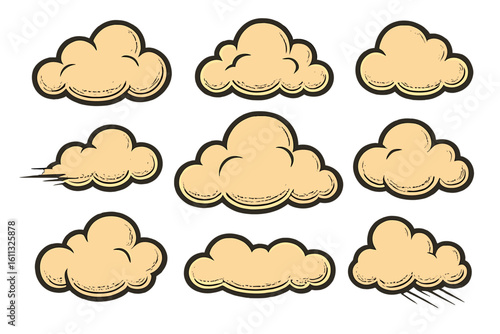 Retro cartoon clouds vector illustration set. Vintage comic style cloud puff and smoke shapes. Weather and sky design elements. Grunge texture isolated on transparent background.