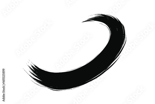 Black ink brush stroke. Japanese sumi-e paint swoosh. Grunge calligraphy circle. Abstract Zen ensō symbol. Hand drawn textured element for design. Isolated vector illustration.