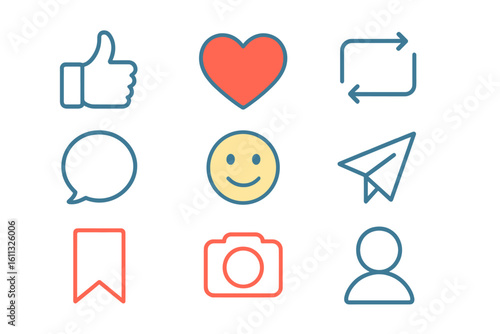 Social media interface icons set. Vector line art of like, love, heart, comment, share, save, repost, user profile, and camera buttons for web and mobile app design.