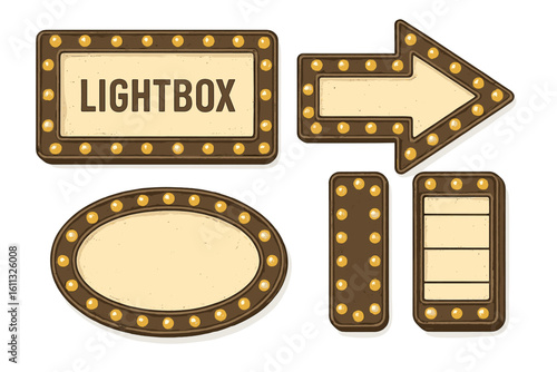 Collection of vintage lightboxes with lamps. Retro marquee signs, arrow, and blank billboards. Empty frames for circus, casino, or cinema. Vector on transparent background.