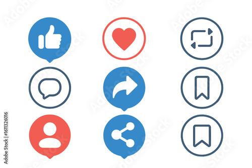 Social media icon set with like, love, heart, repost, comment, share, save, and user buttons. Vector interface elements for post reactions and app engagement.