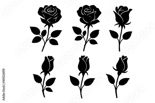 Rose silhouettes vector illustration. Black buds and stems of roses stencils isolated on white background. Floral set for tattoo design. Flower icon collection graphic element.