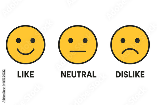 Like, neutral, and dislike emoticon icon set. Customer satisfaction feedback scale. Review and rating concept with happy, neutral, and sad smiley faces. Vector illustration.